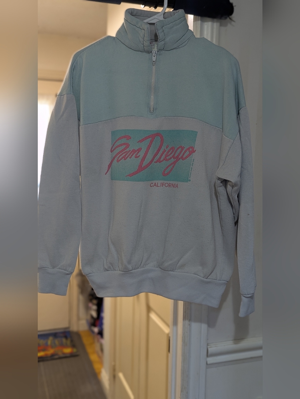 Vintage San Diego California Mint and White Quarter-Zip Sweatshirt 1988